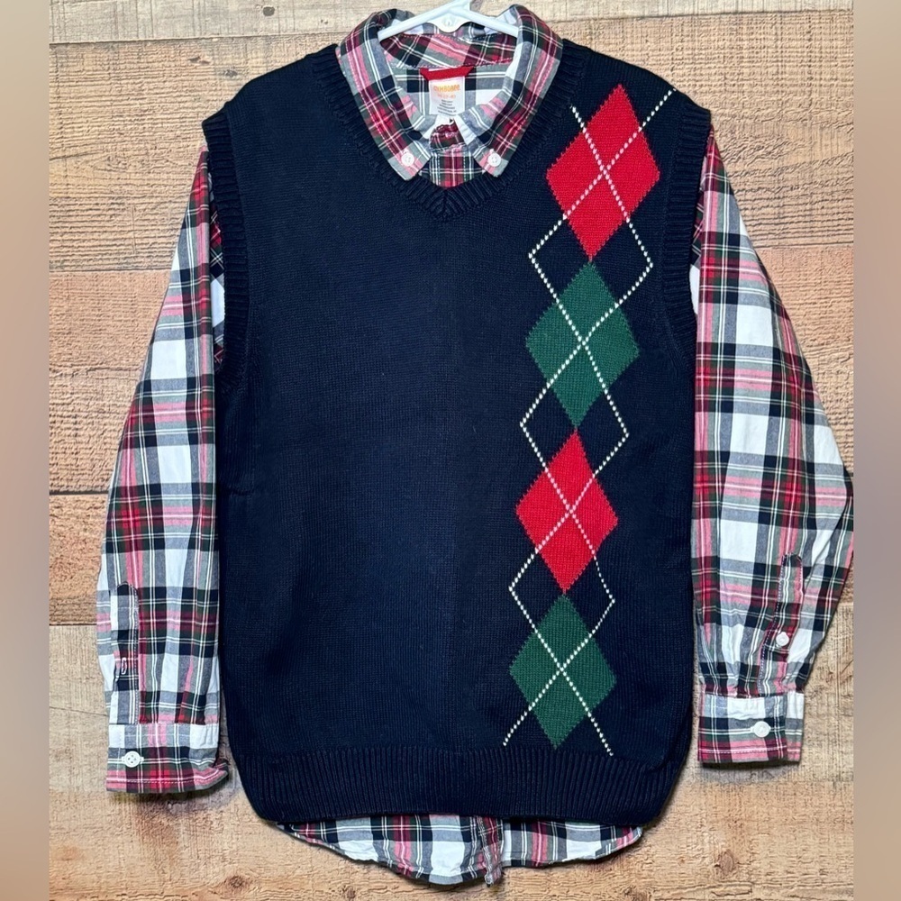 Gymboree Holiday Sweater Vest & Shirt Set Boy’s size M (7-8) Argyle Preppy